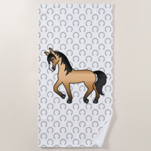 Buckskin Trotting Horse Cute Cartoon Illustration Beach Towel