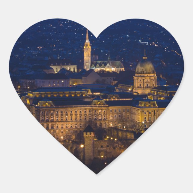 Buda Castle Hungary Budapest at night Heart Sticker (Front)