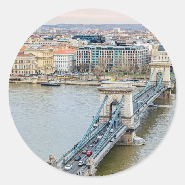 Budapest Chain bridge and the river Danube Classic Round Sticker (Front)