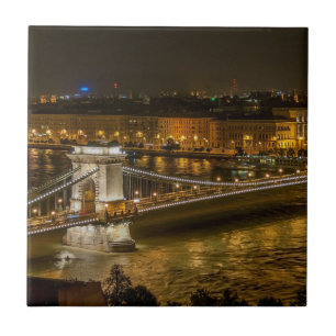 Budapest Chain Bridge at Night Tile