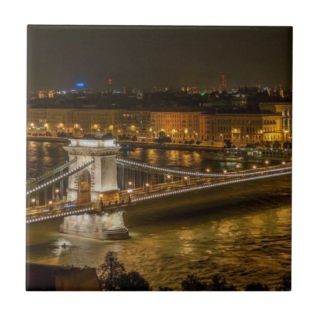 Budapest Chain Bridge at Night Tile (Front)