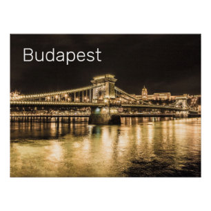 Budapest Chain Bridge Hungary Retro Night Vintage Poster
