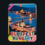 Budapest Hungary Night Cityscape Pop Art Collage Magnet<br><div class="desc">Budapest Hungary night cityscape showcasing the historic Parliament building and Chain Bridge glowing along the Danube River. This illuminated skyline is reimagined as a pop art collage, blending classic vintage retro travel vibes with mixed media textures to celebrate Eastern Europe travel. Often called the 'Pearl of the Danube, ' this...</div>