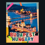 Budapest Hungary Night Cityscape Pop Art Collage Poster<br><div class="desc">Budapest Hungary night cityscape showcasing the historic Parliament building and Chain Bridge glowing along the Danube River. This illuminated skyline is reimagined as a pop art collage, blending classic vintage retro travel vibes with mixed media textures to celebrate Eastern Europe travel. Often called the 'Pearl of the Danube, ' this...</div>