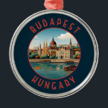Budapest Hungary Retro Distressed Circle Metal Tree Decoration<br><div class="desc">Budapest retro vector travel design in an emblem style. Budapest,  Hungary’s capital,  is bisected by the River Danube. Its 19th-century Chain Bridge connects the hilly Buda district with flat Pest.</div>