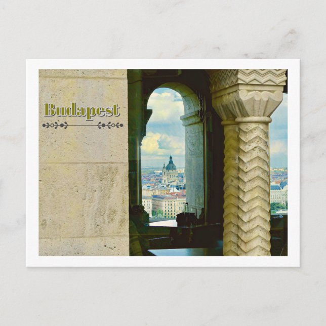 BUDAPEST, HUNGARY, VIEW THROUGH ARCHED WINDOW POSTCARD (Front)