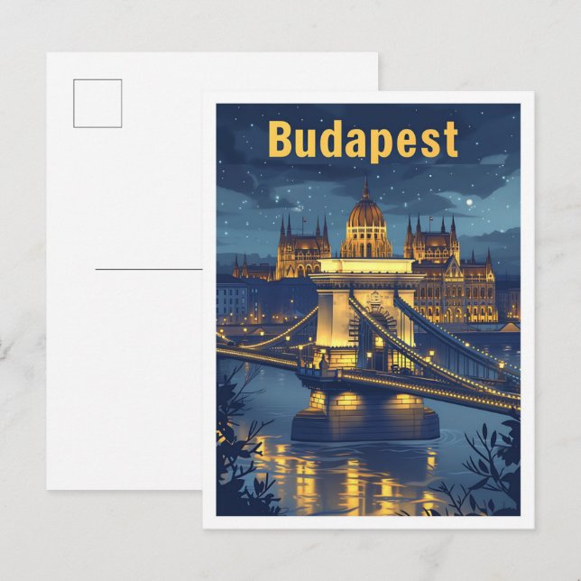 Budapest Hungary Vintage Art Travel Illustration Postcard (Front/Back)