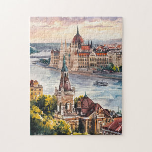 Budapest Hungary Vintage Watercolor Painting Jigsaw Puzzle
