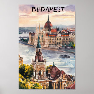 Budapest Hungary  Vintage Watercolor Painting Poster