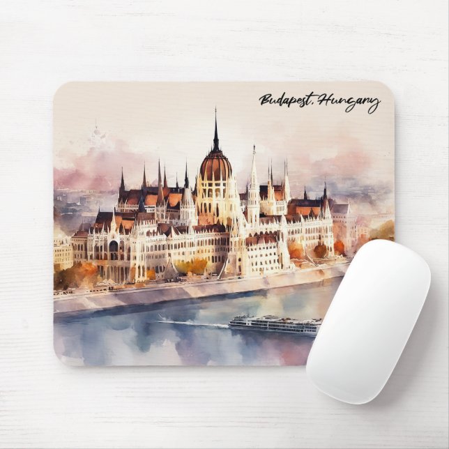 Budapest Hungary Watercolor Painting Panorama View Mouse Pad (With Mouse)