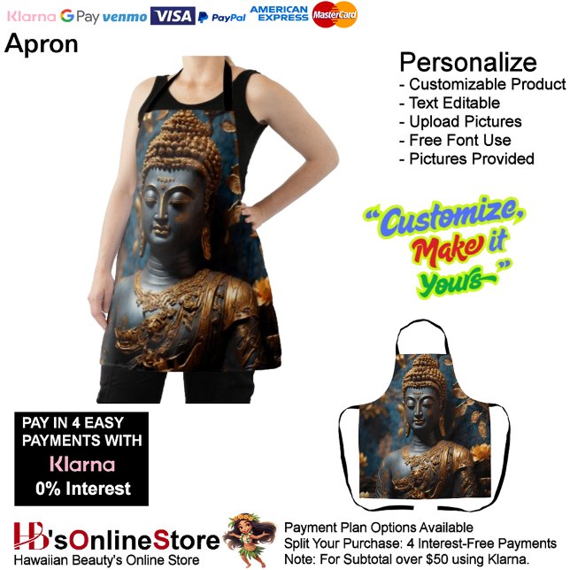 Buddha All-Over Print Apron  (Buddha Calm Black Gold Floral Background Apron.)