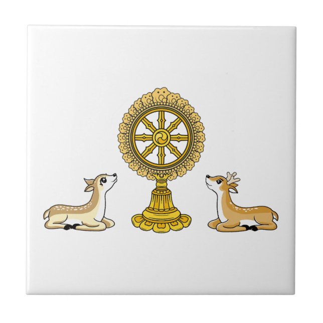 Buddha Dharma Wheel & Deers Ceramic Tile (Front)