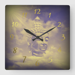 buddha in coloured clouds with artificial sun square wall clock