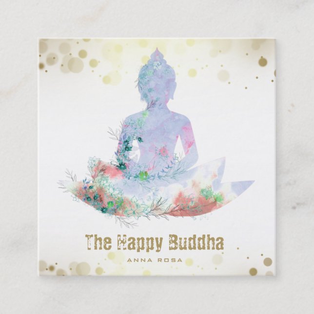 *~* Buddha Lotus AP33 Botanical Watercolor QR Square Business Card (Front)