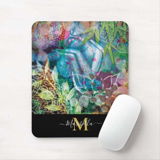 Buddha Lotus Mandala Personalise Monogram Boho Mouse Pad (With Mouse)