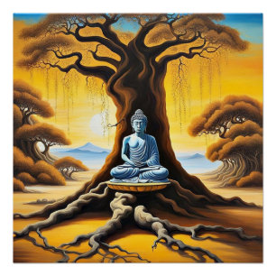 Buddha mediates under tree poster
