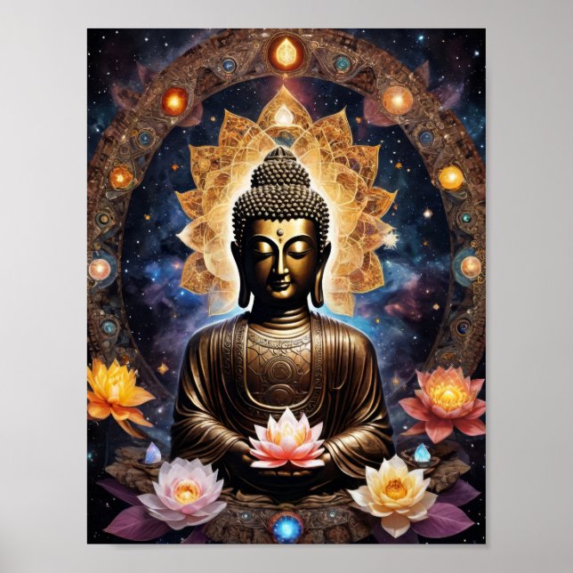 Buddha meditating with loto flowers poster (Front)