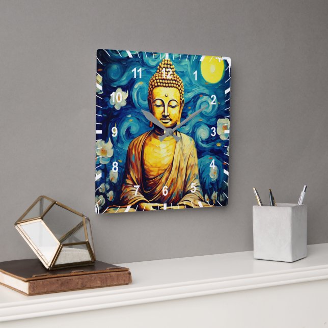 Buddha modern painting colorful  square wall clock (Office)