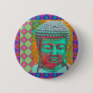 Buddha Pop with Patchwork Borders in Blue and Pink 6 Cm Round Badge