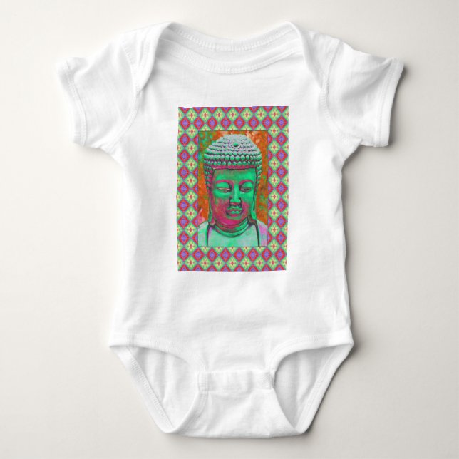 Buddha Pop with Patchwork Borders in Green and Red Baby Bodysuit (Front)
