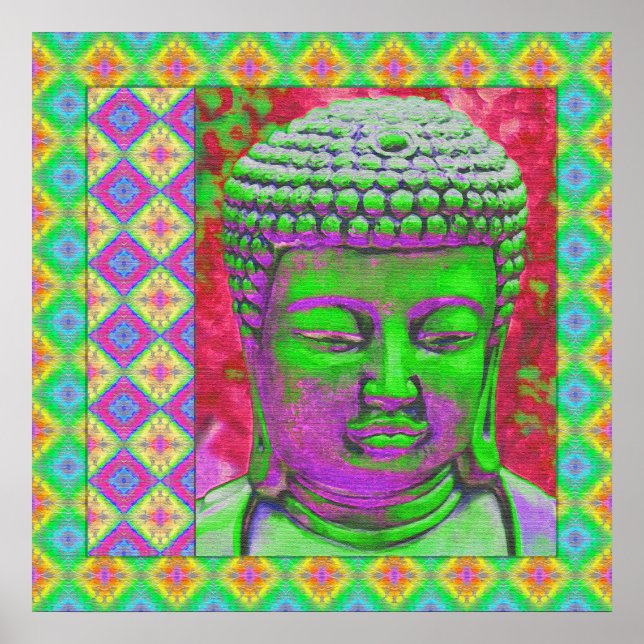 Buddha Pop with Patchwork Borders in Green and Red Poster (Front)
