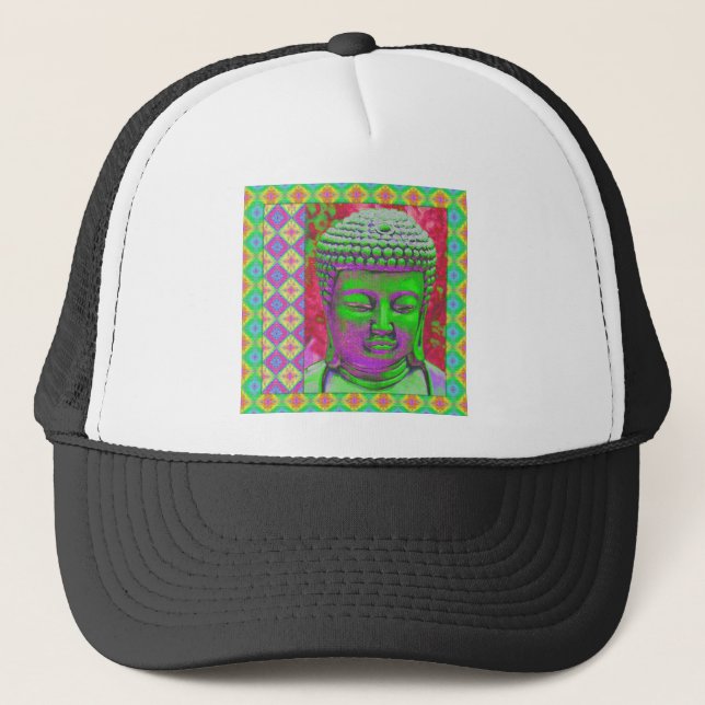 Buddha Pop with Patchwork Borders in Green and Red Trucker Hat (Front)