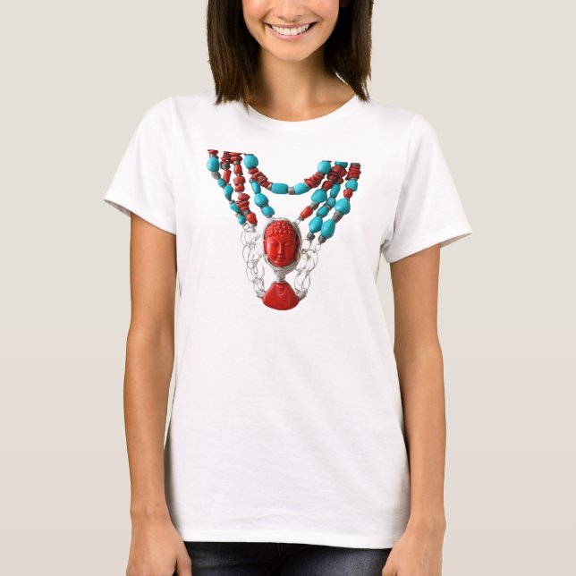 Buddha Red Coral Turquoise Womens Necklace T-Shirt (Front)