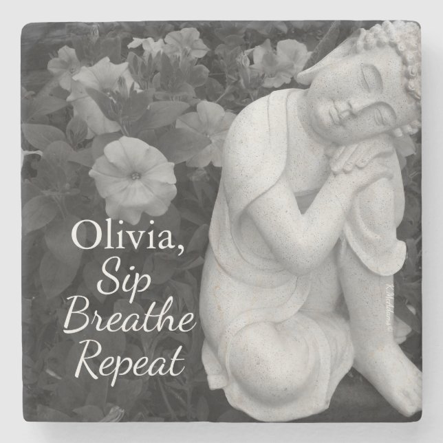 Buddha Sip Breathe Repeat Black White Zen – Name Stone Coaster (Front)