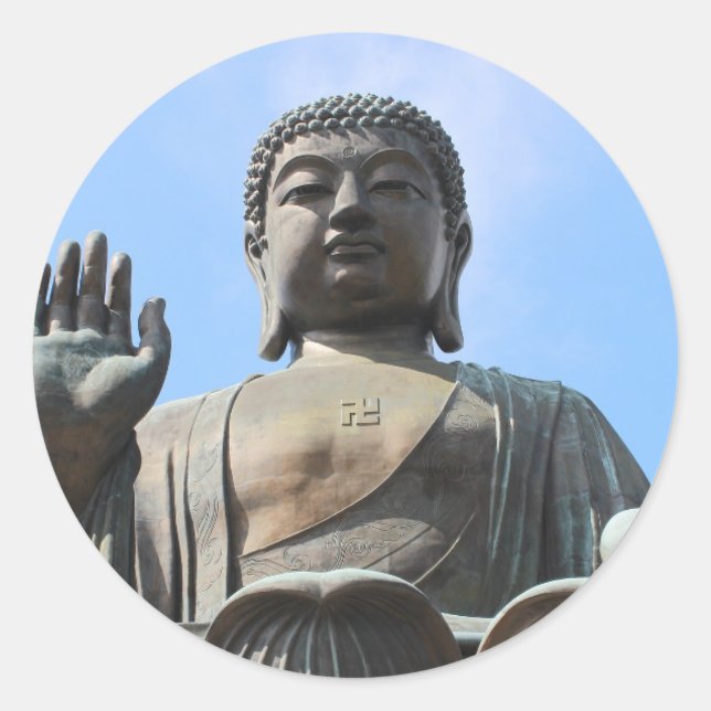 Buddha Statue in Blue Sky, Hand Raised Classic Round Sticker (Front)