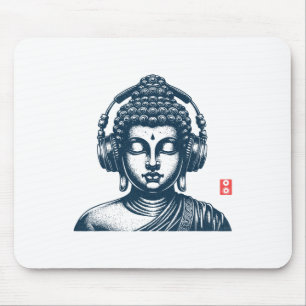 Buddha Wearing Headphones Vintage Retro Grey , Uni Mouse Pad