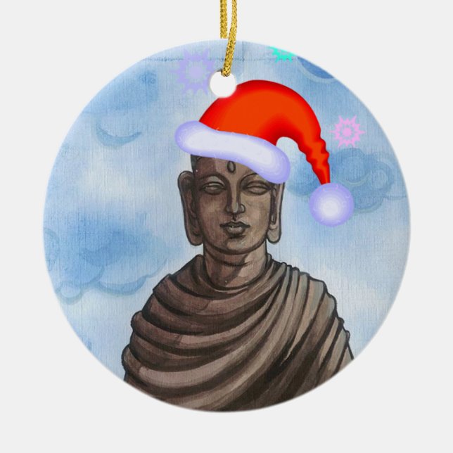 Buddha with Santa hat II Ceramic Tree Decoration (Front)