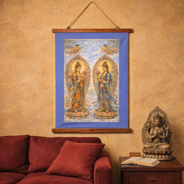 Buddhist Bodhisattvas Tang Dynasty Silk Road Era Hanging Tapestry (Tang dynasty style Buddhist bodhisattvas art tapestry in situ in modern living room)