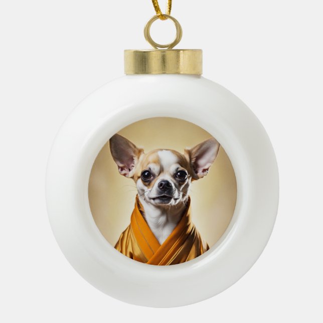 Buddhist Chihuahua Ceramic Ball Christmas Ornament (Front)