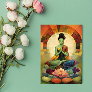 Buddhist Goddess Green Tara Floral Painting Zen Postcard