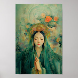 Buddhist Goddess Quan Yin Green Floral Painting  Poster