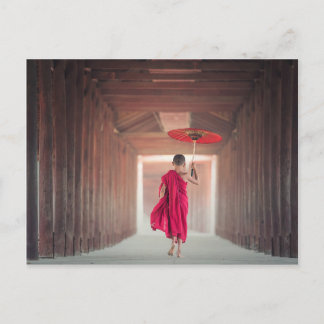 Buddhist Monk with Red Umbrella Postcard