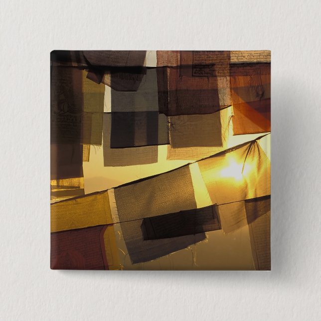 Buddhist prayer flags in the sunset, 15 cm square badge (Front)