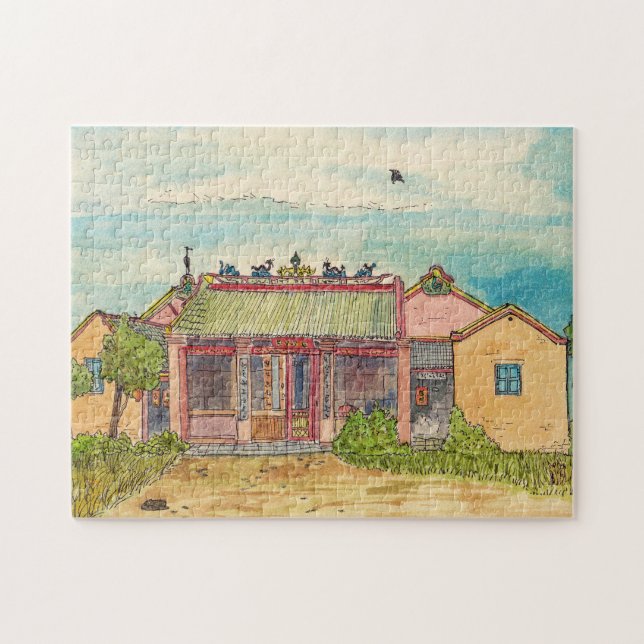 Buddhist Temple Phan Thiet Vietnam Watercolor Jigsaw Puzzle (Horizontal)