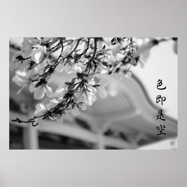 Buddhist Temple White Flowers All is Vanity B & W Poster (Front)