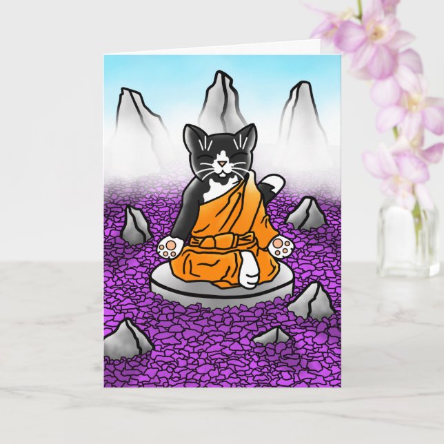 Buddhist Tuxedo Meditation Cat Card (Orchid)