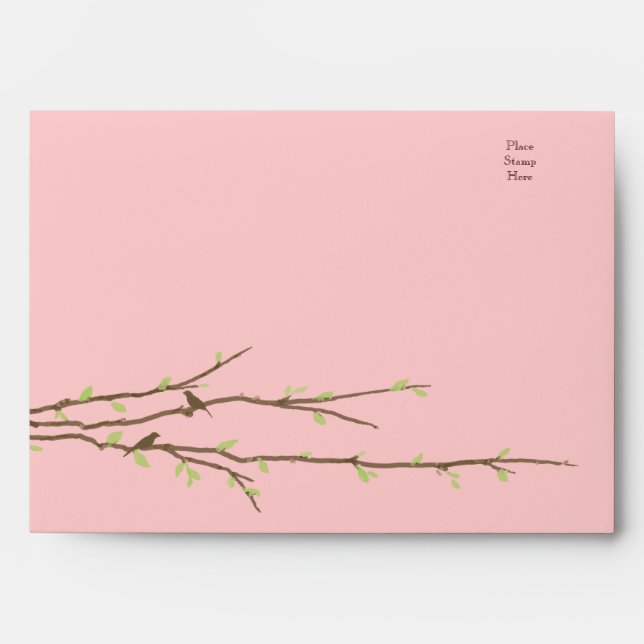 Budding Branches with Birds Pink & Green Envelope (Front)
