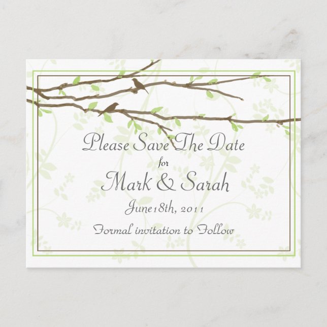 Budding Branches with Birds Save the Date Postcard (Front)