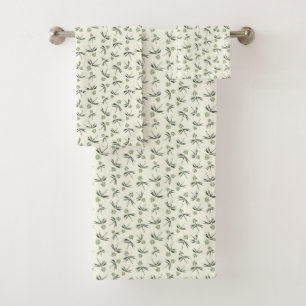 Budding Green Branches on cream - seamless pattern Bath Towel Set