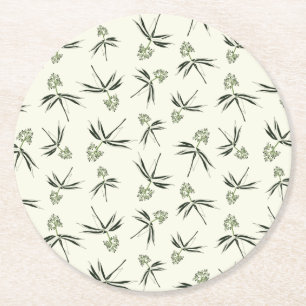 Budding Green Branches on cream - seamless pattern Round Paper Coaster