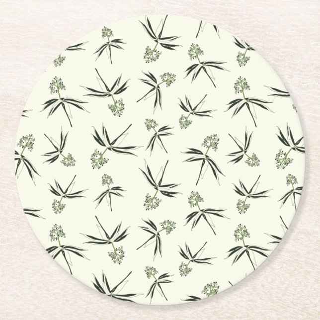 Budding Green Branches on cream - seamless pattern Round Paper Coaster (Front)