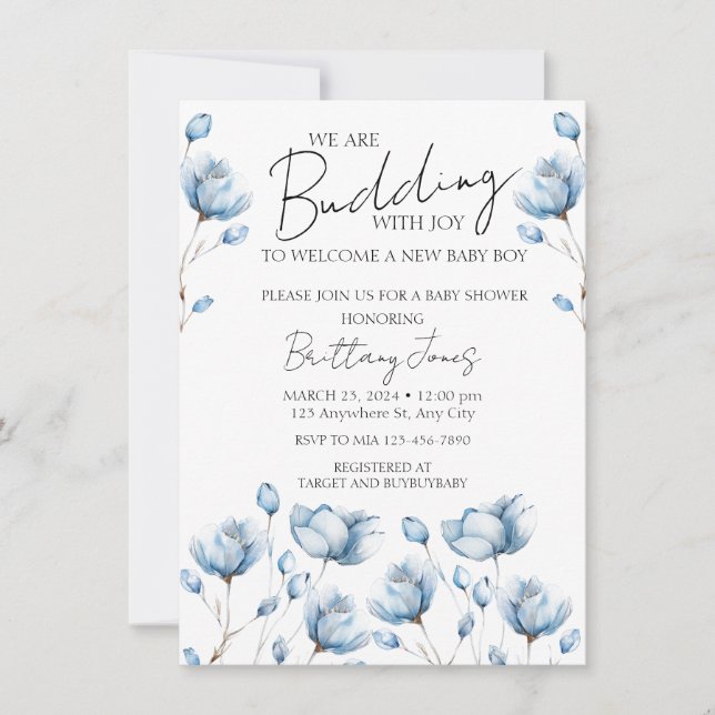 Budding With Joy Blue Baby Shower Invite (Front)