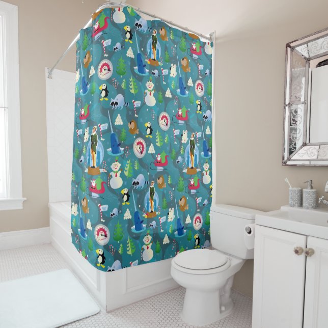 Buddy the Elf and Characters Teal Pattern Shower Curtain (In Situ)