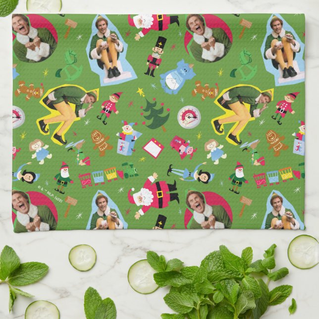Buddy the Elf and Christmas Icons Pattern Tea Towel (Folded)
