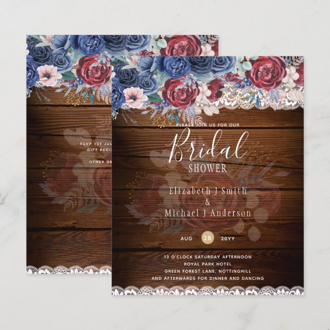 Budge Burgundy Blue Floral Bridal Shower Invite (Front/Back)