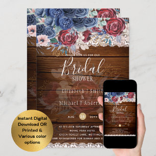Budge Burgundy Blue Floral Bridal Shower Invite